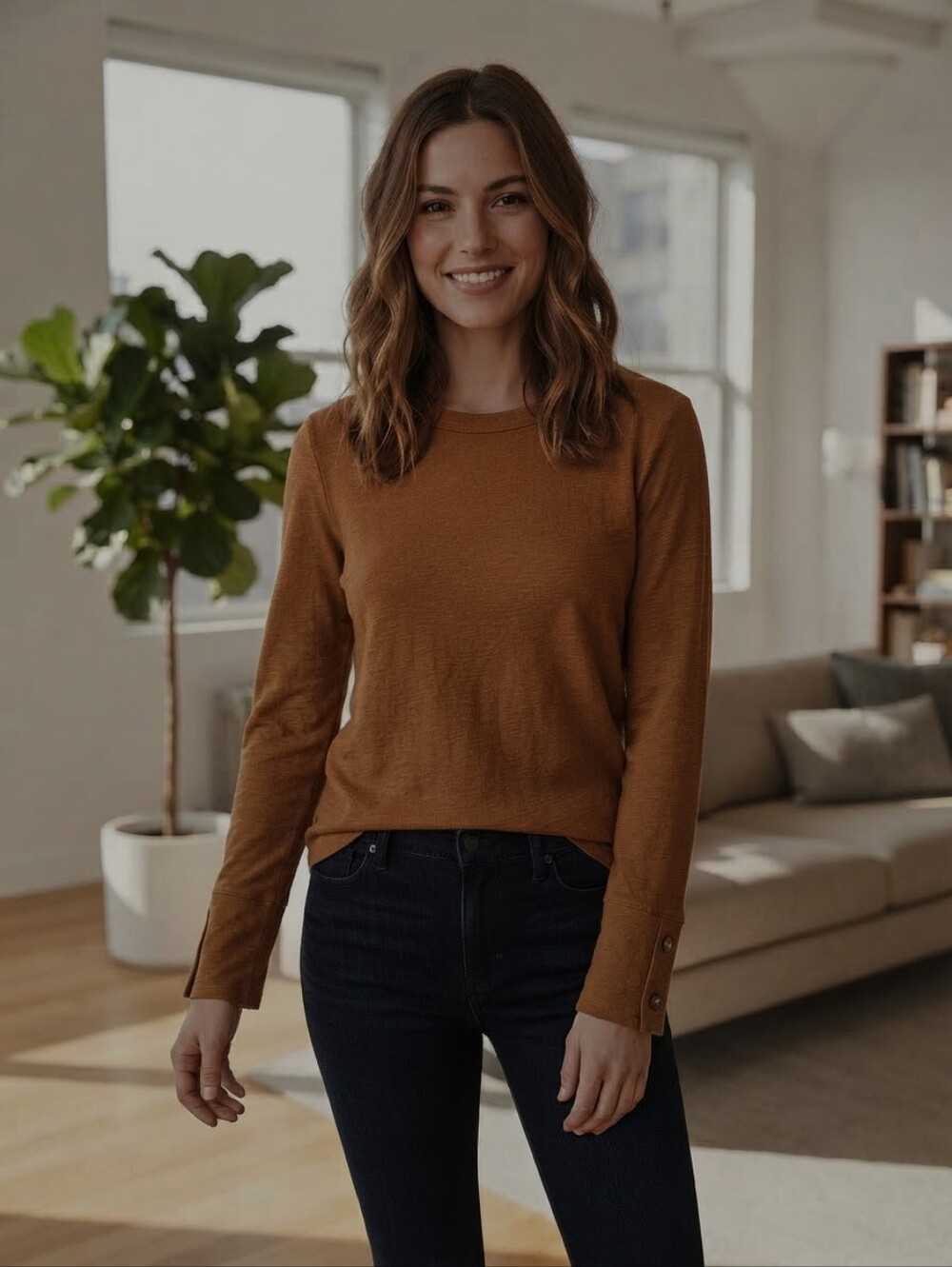 Madewell Caramel Brown Textured Long Sleeve Button Cuff Top Sz L.